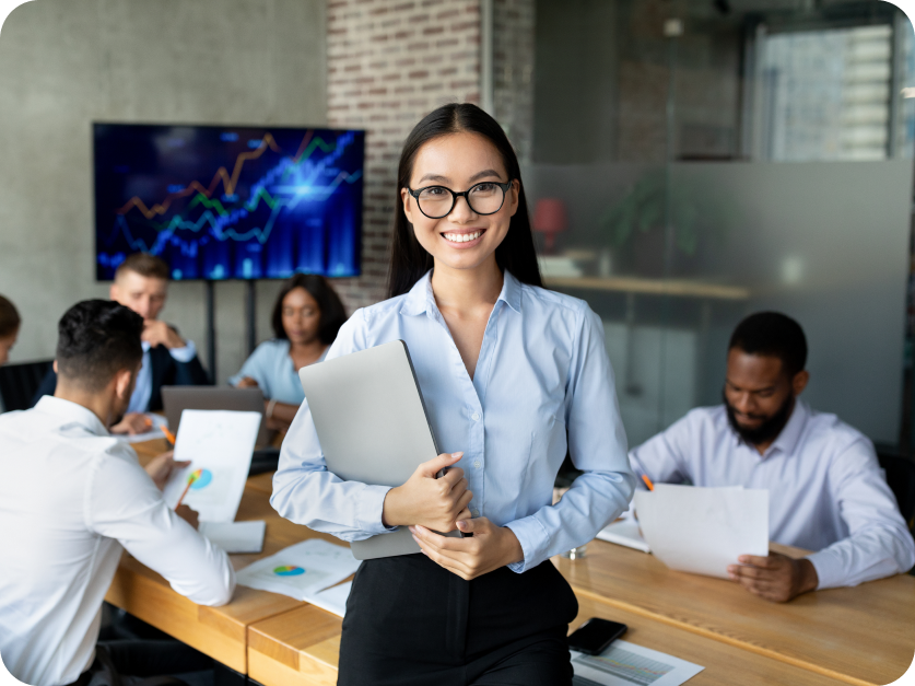 female worker participating in team meeting