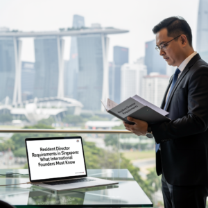 A professional consultant in Singapore reviewing a document on resident director requirements with the Marina Bay Sands skyline in the background