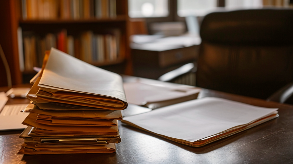 Close up view of a office desk with documents