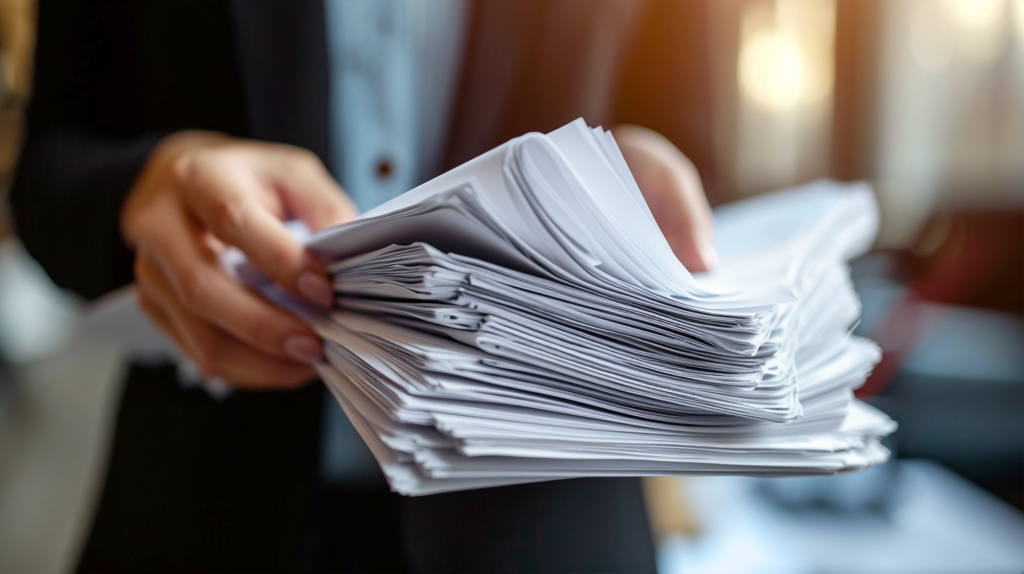 A person in suit hold a bundle of papers