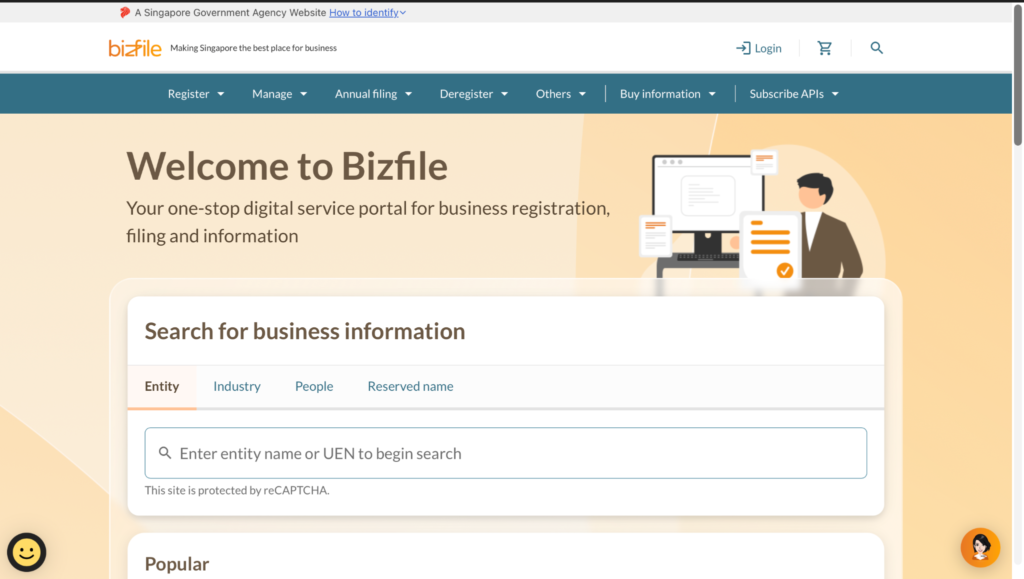 A screenshot of the official ACRA BizFile website, the digital portal used to register a company in Singapore