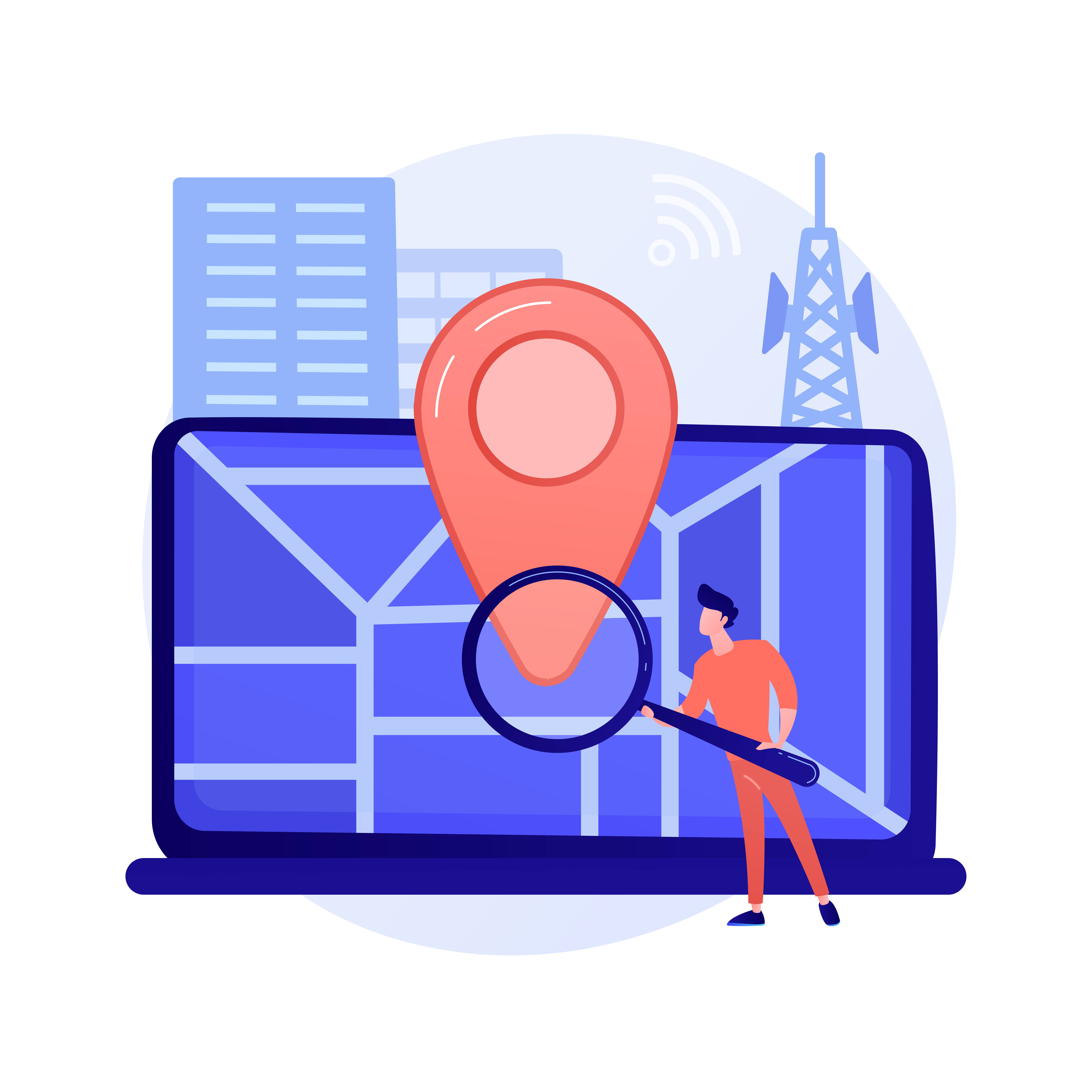 Person using a magnifying glass to find a business location pin on a city map - registered address service Singapore