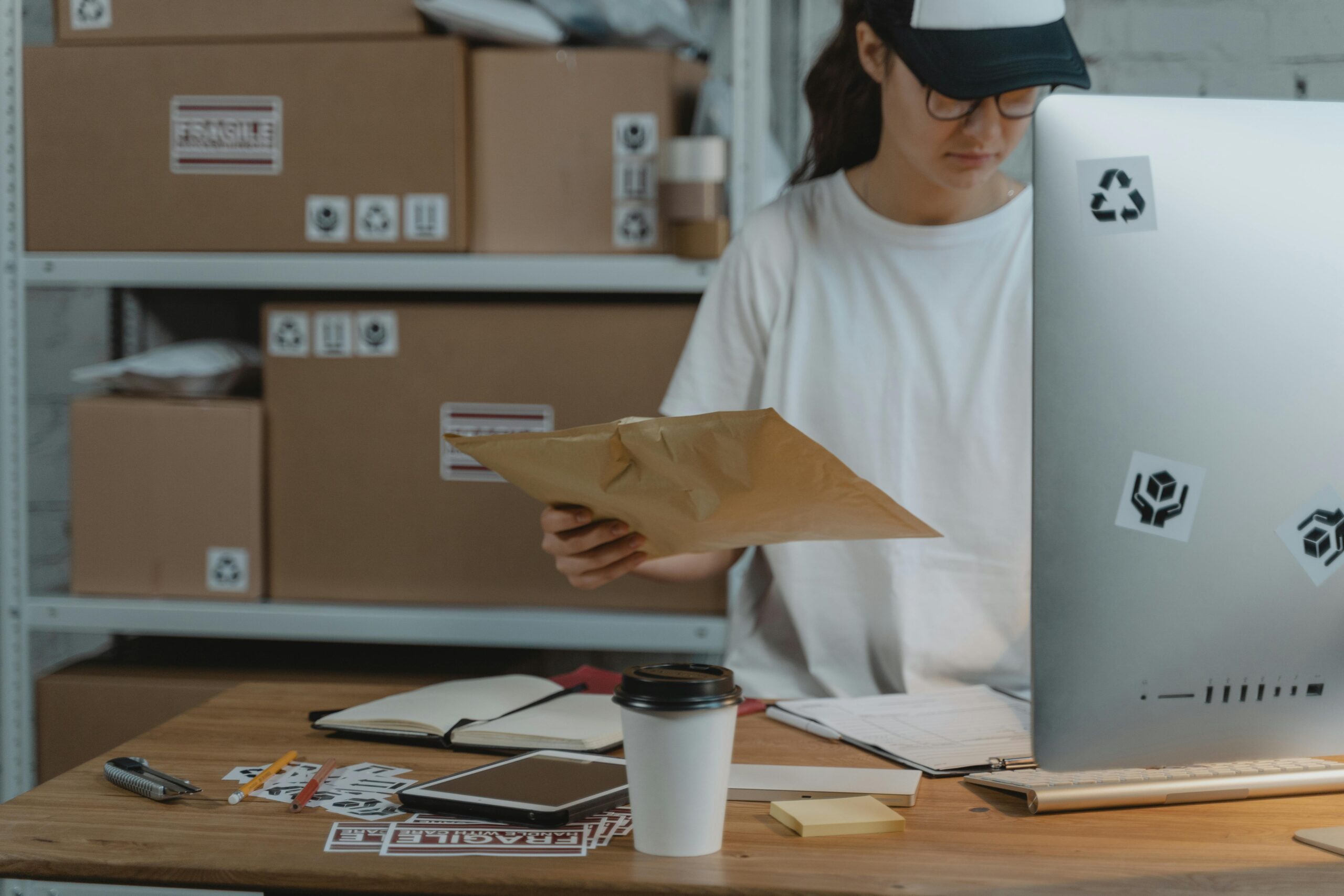 Worker in a cap reviewing a padded envelope at a desk with a computer and shelves of labeled parcels behind
