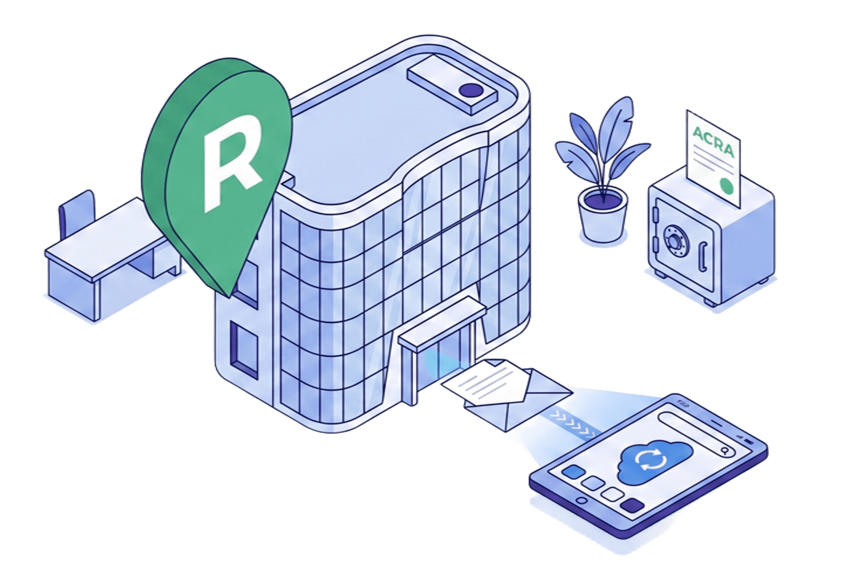 an isometric vector illustration of a modern office building, location pin, and a phone displaying mail scanning